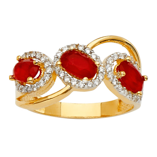 14K Yellow Gold Women’s Oval Halo Design Synthetic Red Ruby CZ Ring