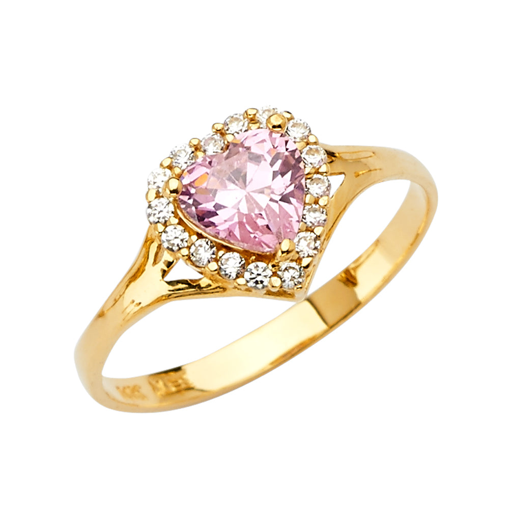 14K Yellow Gold Pink CZ Heart Halo Solitaire Women’s Ring