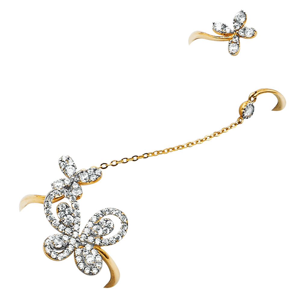14K Two-Tone Gold Double Butterfly CZ Chain Ring