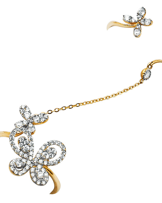 14K Two-Tone Gold Double Butterfly CZ Chain Ring