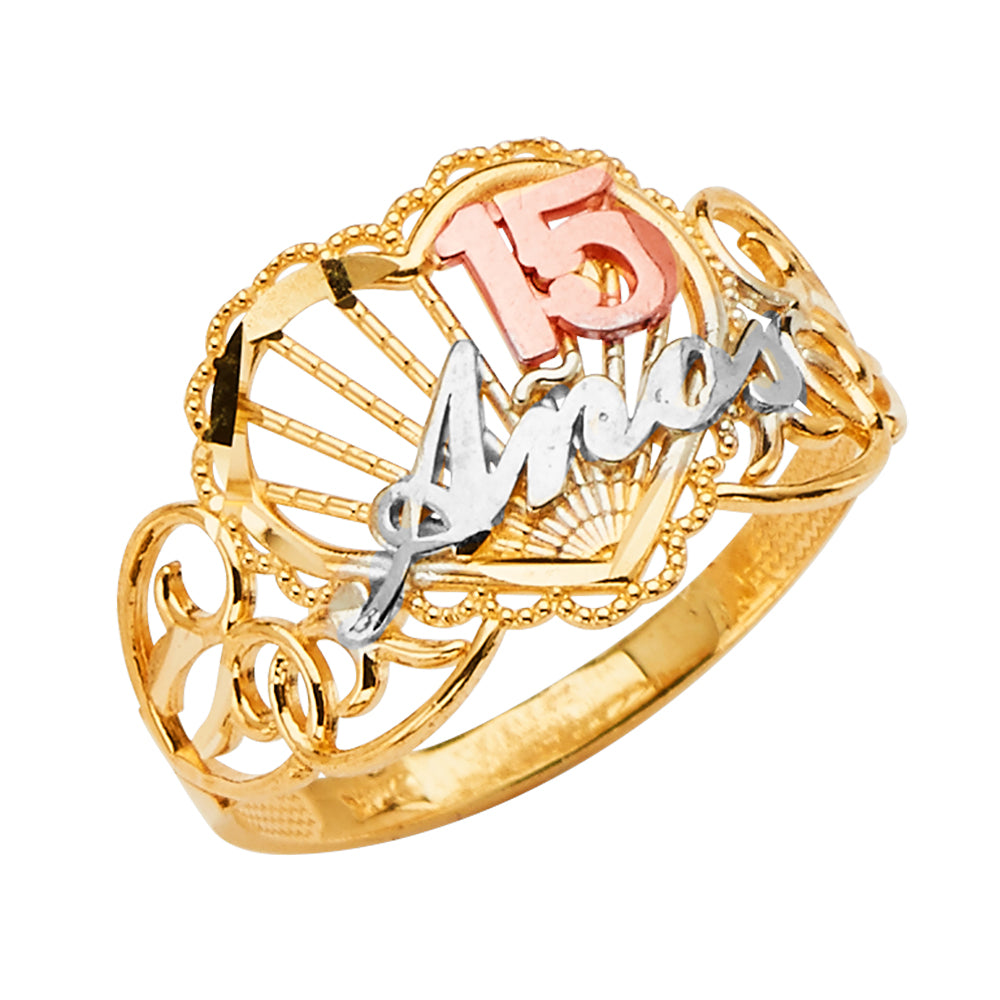 14K Tri-Color Gold 15 Años Quinceañera Ring