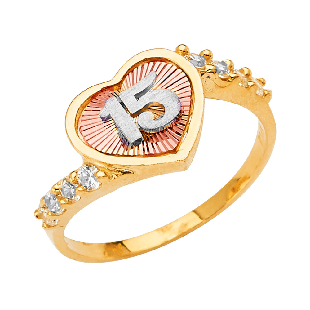 14K Tri-Color Gold 15 Años Quinceañera CZ Ring