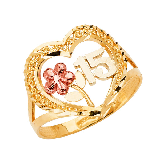 14K Tri-Color Gold 15 Años Quinceañera Ring
