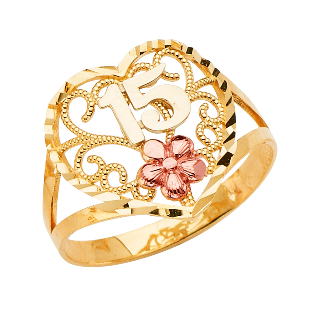 14K Tri-Color Gold 15 Años Quinceañera Ring