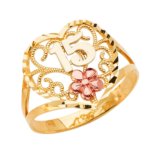 14K Tri-Color Gold 15 Años Quinceañera Ring