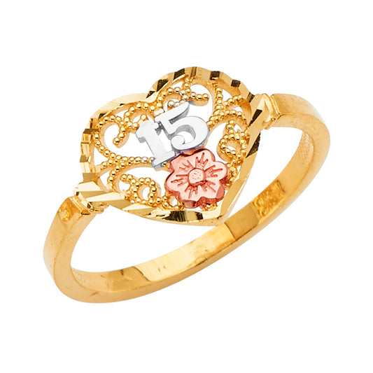 14K Tri-Color Gold 15 Años Quinceañera Ring