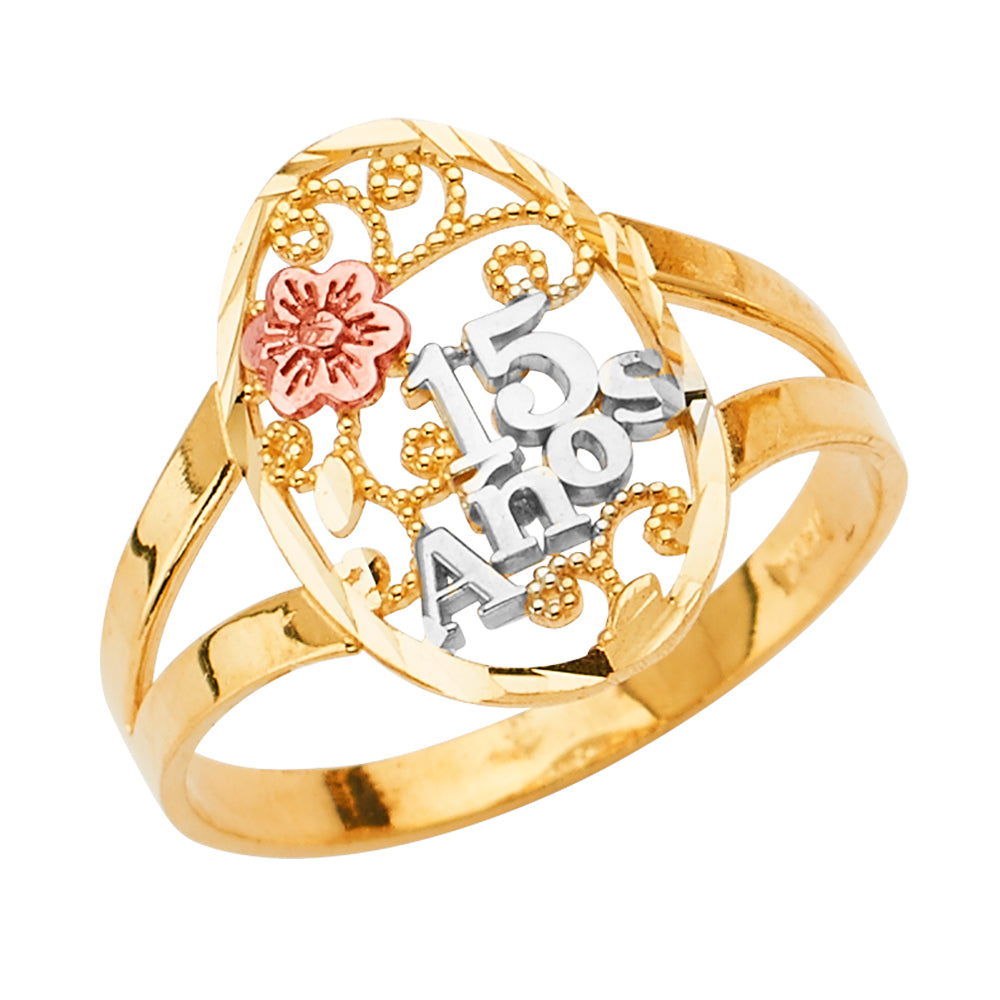 14K Tri-Color Gold 15 Años Quinceañera Ring