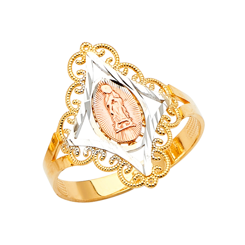 14K Tri-Color Gold Virgin Guadalupe Filigree Design Women’s Ring