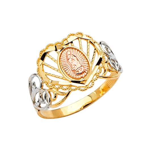 14K Tri-Color Gold Virgin Guadalupe Filigree Design Women’s Ring