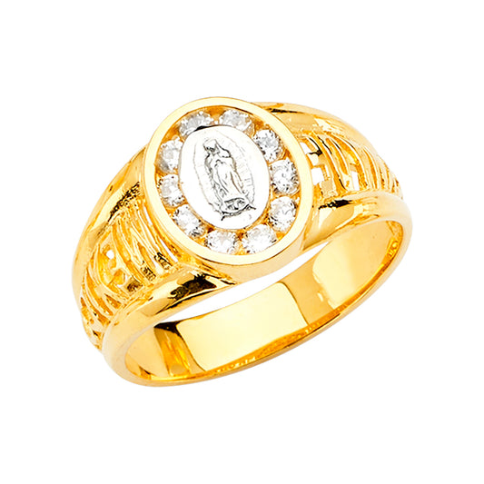 14K Two-Tone Gold Virgin of Guadalupe Ring with Cubic Zirconia Designed for Women, Teen, and Children.