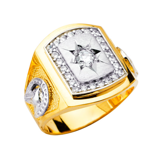 14K Two-Tone Gold Men’s Horse Head Design Star-Cut CZ Ring