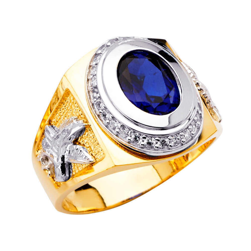 14K Two-Tone Gold Men’s Oval Synthetic Sapphire Blue CZ Eagle Design Ring