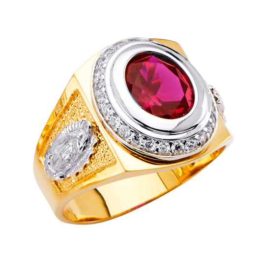 14K Two-Tone Gold Men’s Oval Red CZ Guadalupe Design Ring