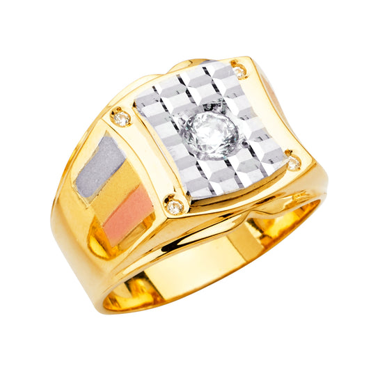 14K Tri-Color Gold Men’s Diamond-Cut Design CZ Ring