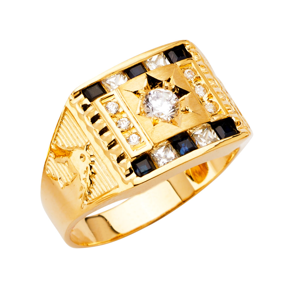 14K Yellow Gold Men’s Horse Design Ring with Dark Synthetic Sapphire Blue CZ Accents