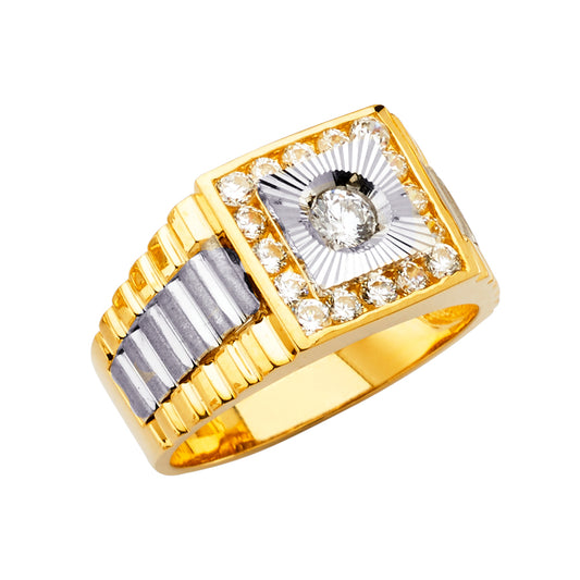 14K Two-Tone Gold Men’s Ridged Design Ring accented with Cubic Zirconia