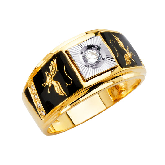 14K Yellow Gold Men’s Black Enamel Eagle Motif Sunburst Design Ring accented with Cubic Zirconia