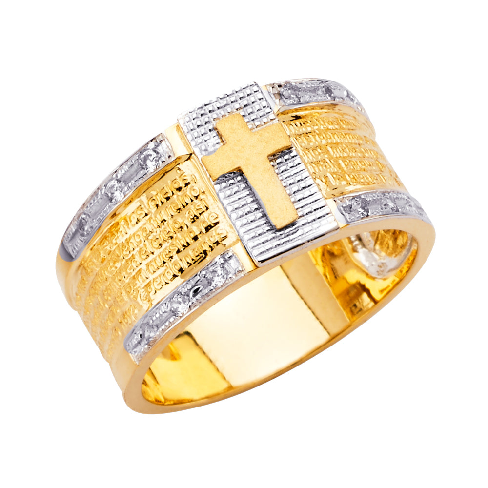 14K Two-Tone Gold Men’s Prayer Design Ring with Cross Accents