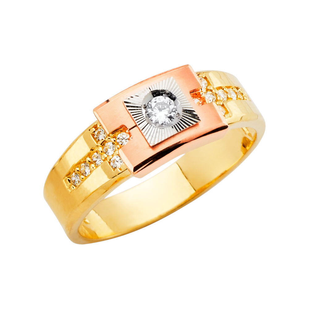 14K Tri-Color Gold Men’s CZ Center Plate Ring