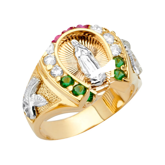 14K Two-Tone Gold Men’s Horseshoe Design Virgin Mary Multicolor CZ Ring