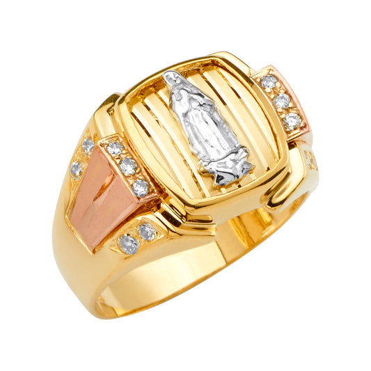 14K Tri-Color Gold Men’s Virgin Mary Design Ring with CZ Accents