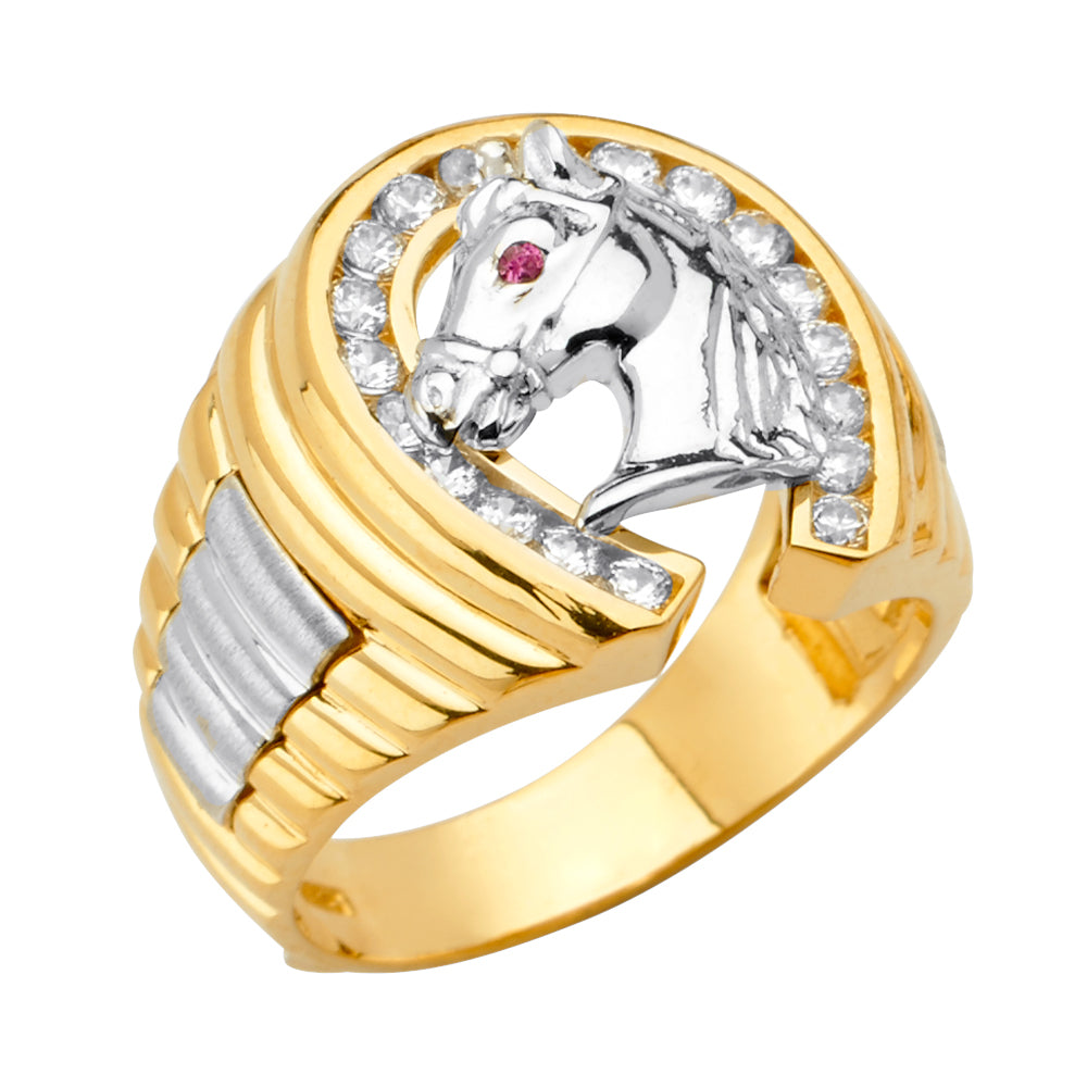 14K Two-Tone Gold Men’s Horseshoe Design Horse Head CZ Ring
