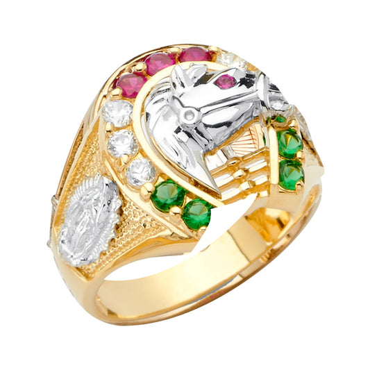 14K Two-Tone Gold Men’s Horseshoe Design Horse Head Multicolor CZ Ring