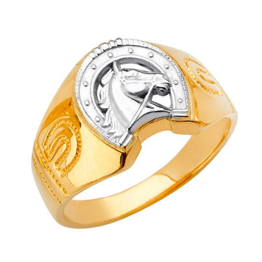14K Two-Tone Gold Men’s Horseshoe Design Horse Head Ring