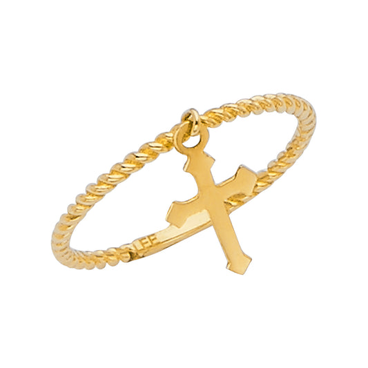 14K Yellow Gold Rope Band Cross Dangle Ring