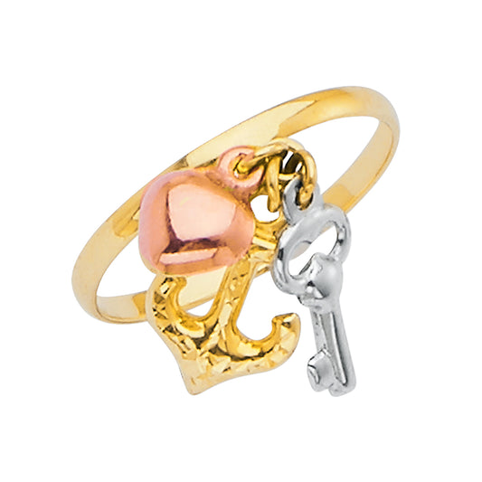 14K Tri-Color Gold Women’s Heart and Key Dangle Ring