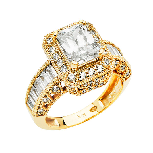 14K Yellow Gold Princess Shaped CZ Double Halo Ring with Baguette & Pave Accents