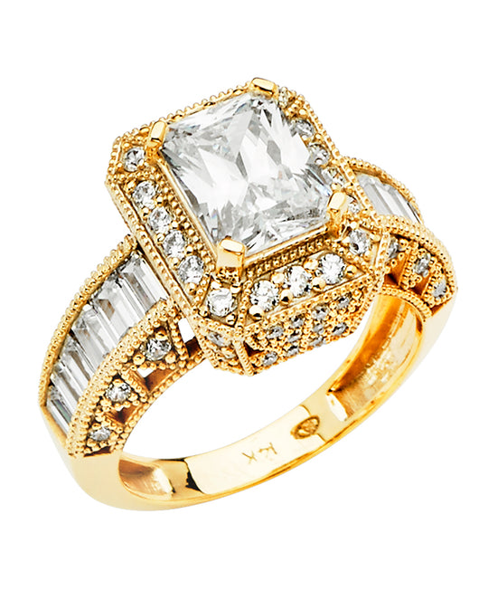 14K Yellow Gold Princess Shaped CZ Double Halo Ring with Baguette & Pave Accents