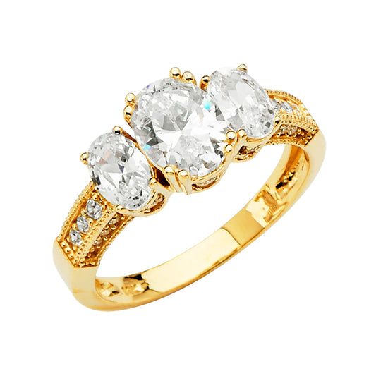 14K Yellow Gold Oval Shaped Three-Stone CZ Ring with CZ Accents