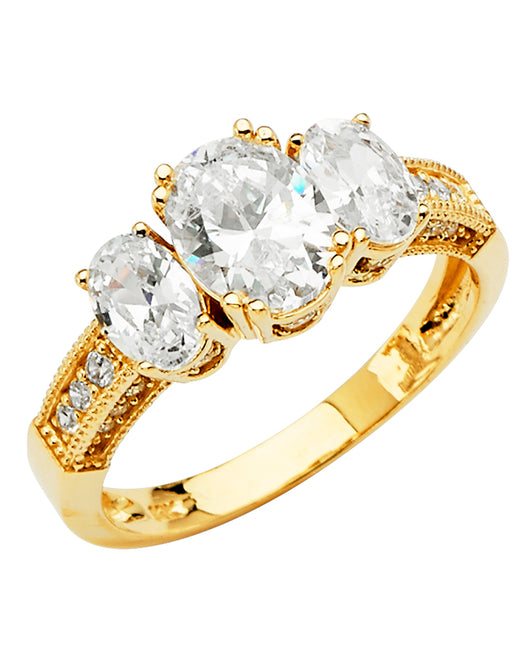 14K Yellow Gold Oval Shaped Three-Stone CZ Ring with CZ Accents