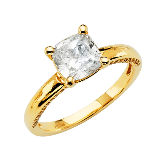 14K Yellow Gold Cushion Shaped Solitaire CZ Ring