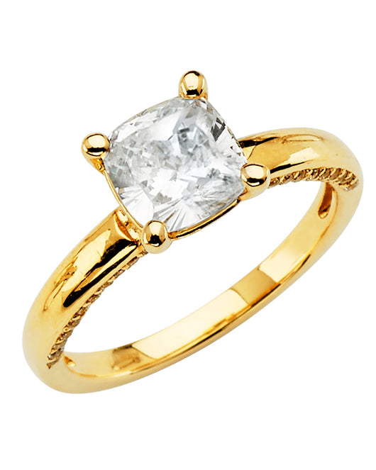 14K Yellow Gold Cushion Shaped Solitaire CZ Ring