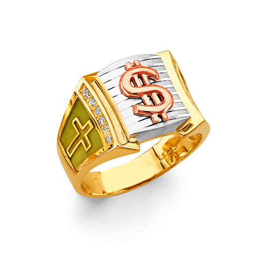 14K Tri-Color Gold Men’s Dollar Sign & Cross Design Ring with CZ Accents