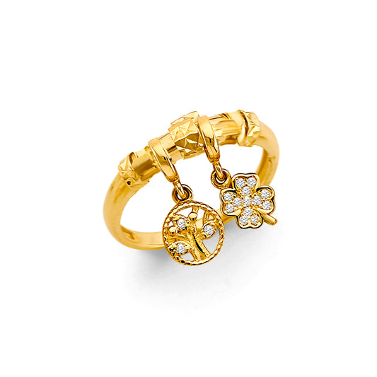 14K Yellow Gold Double Charm Dangle CZ Ring
