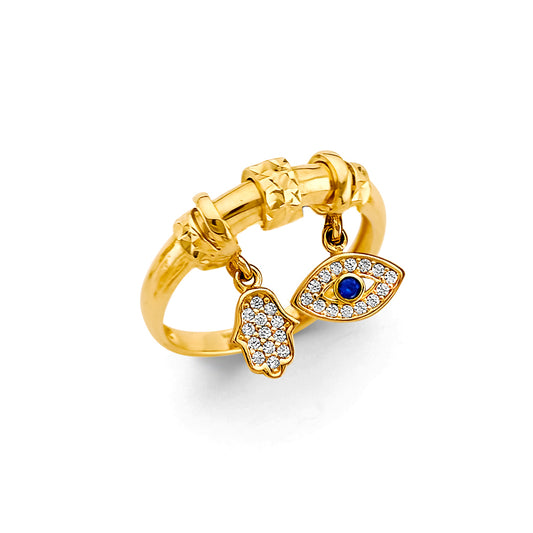 14K Yellow Gold Double Charm Hamsa & Evil Eye CZ Ring