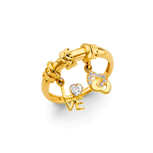 14K Yellow Gold Double Charm Love Heart & Script LOVE CZ Ring