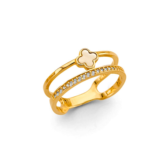 14K Yellow Gold Women’s Clover Design CZ Open Ring