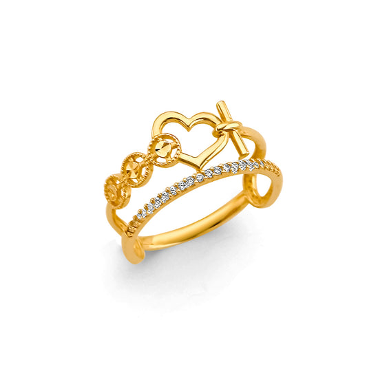 14K Yellow Gold Women’s Heart Bow CZ Open Ring