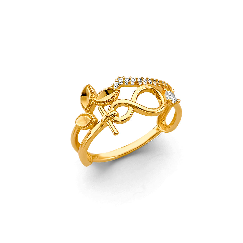 14K Yellow Gold Women’s Infinity Leaf CZ Open Ring