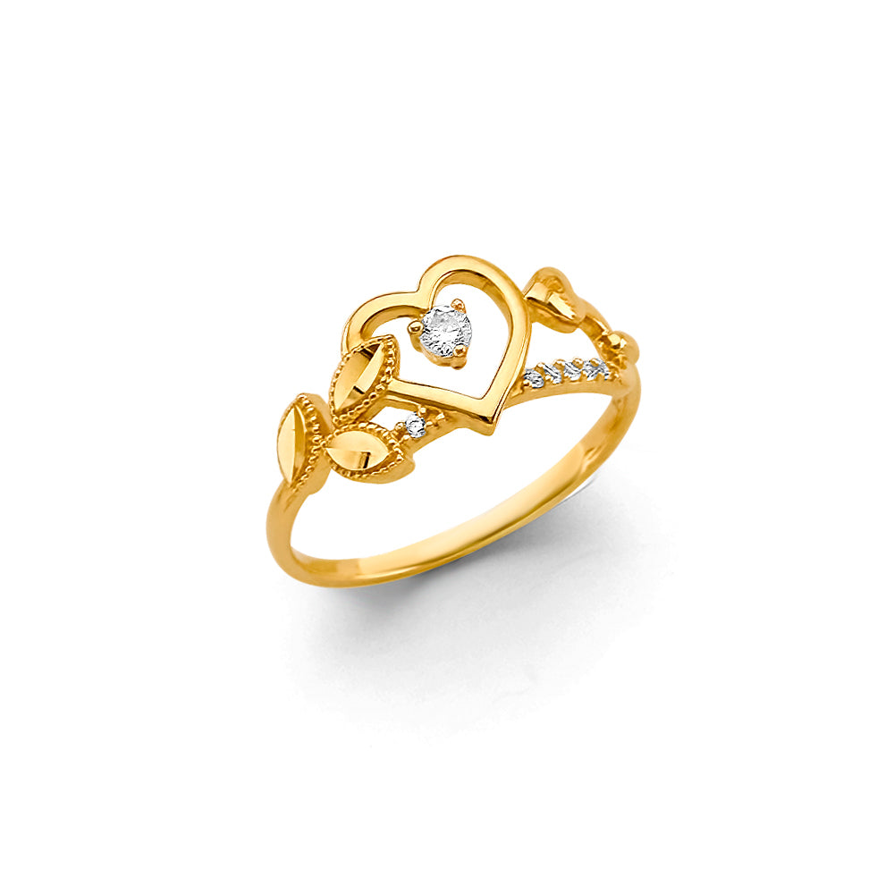 14K Yellow Gold Women’s Heart Leaf CZ Open Ring