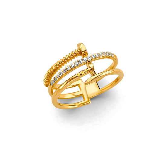 14K Yellow Gold Women’s Nail Screw Buckle CZ Multi-Band Ring