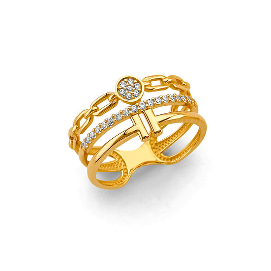 14K Yellow Gold Women’s Multi-Band Chain Buckle CZ Ring