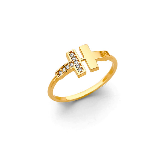 14K Yellow Gold Women’s Double Cross CZ Ring