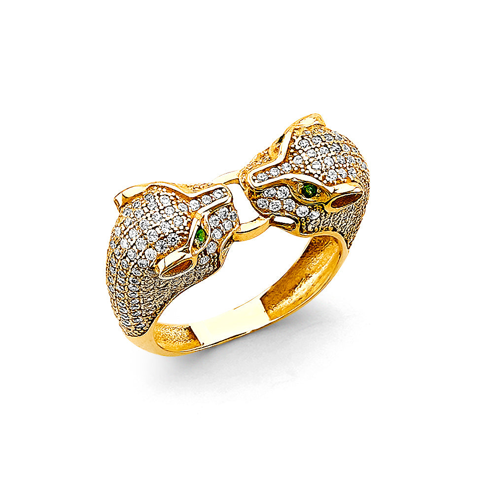 14K Yellow Gold Double Panther Head CZ Ring