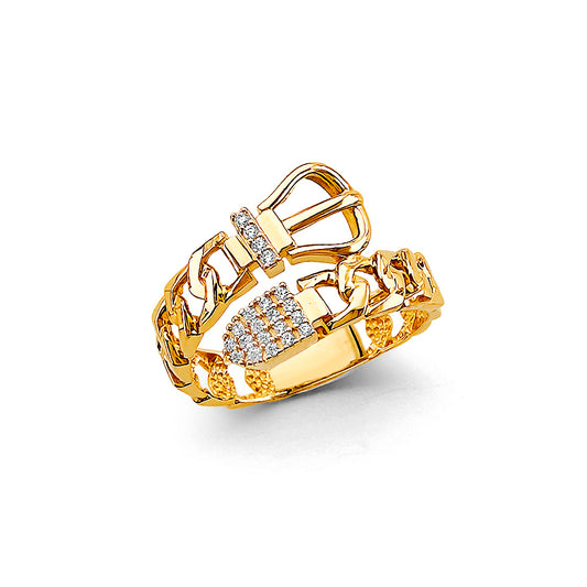 14K Yellow Gold Cuban Link Buckle Design CZ Ring