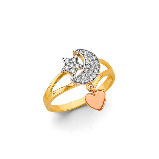 14K Tri-Color Gold Crescent Moon and Star Heart Dangle CZ Ring
